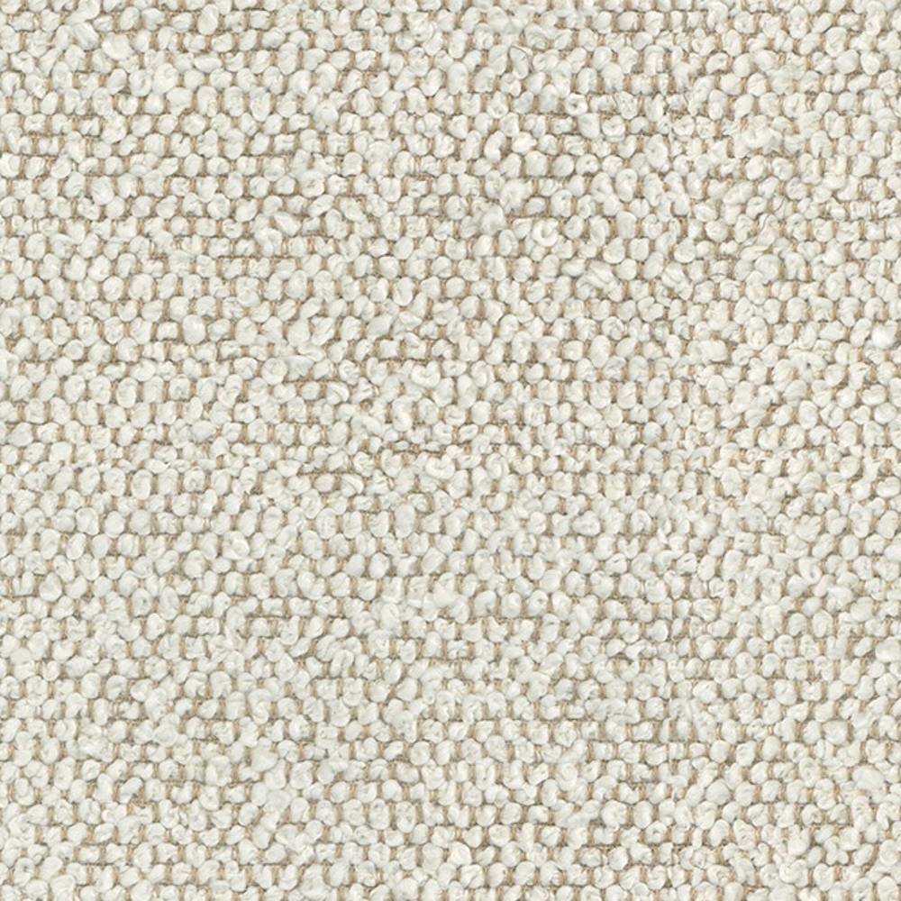 Close-up of cream boucle upholstery fabric showing dense looped texture in 100% polyester, ideal for sofa and indoor upholstery.