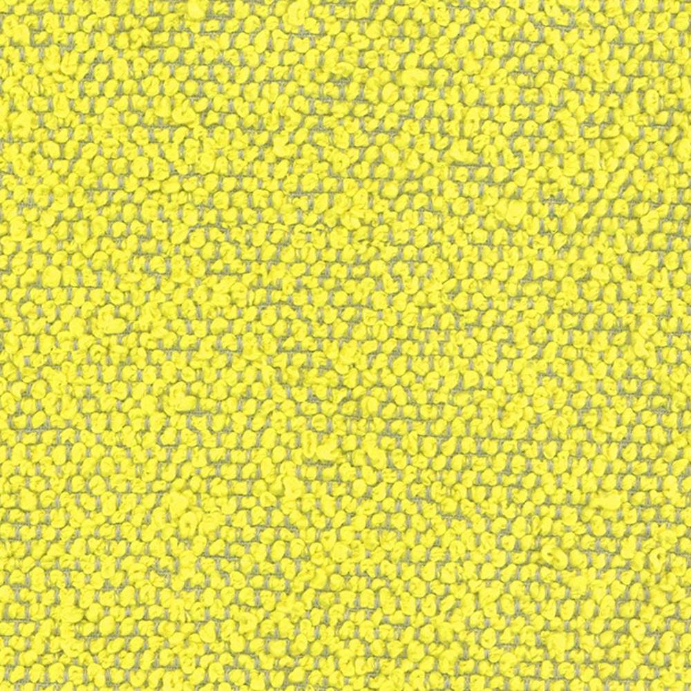 Close-up of bright yellow bouclé upholstery fabric showing dense looped texture, 100% polyester ideal for sofas and Allmodern-style interiors.