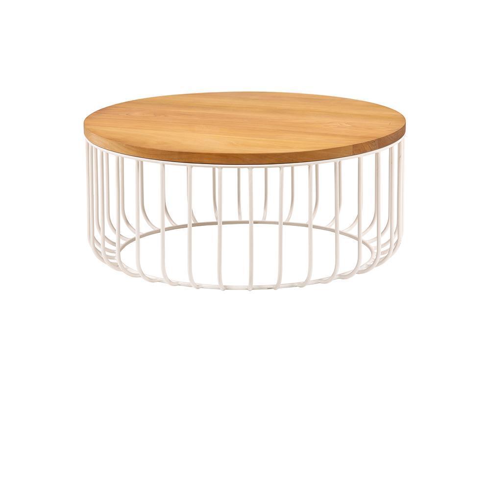 Round teak wood tabletop atop a white iron wire cage base, low rustic coffee table shown on a white background.
