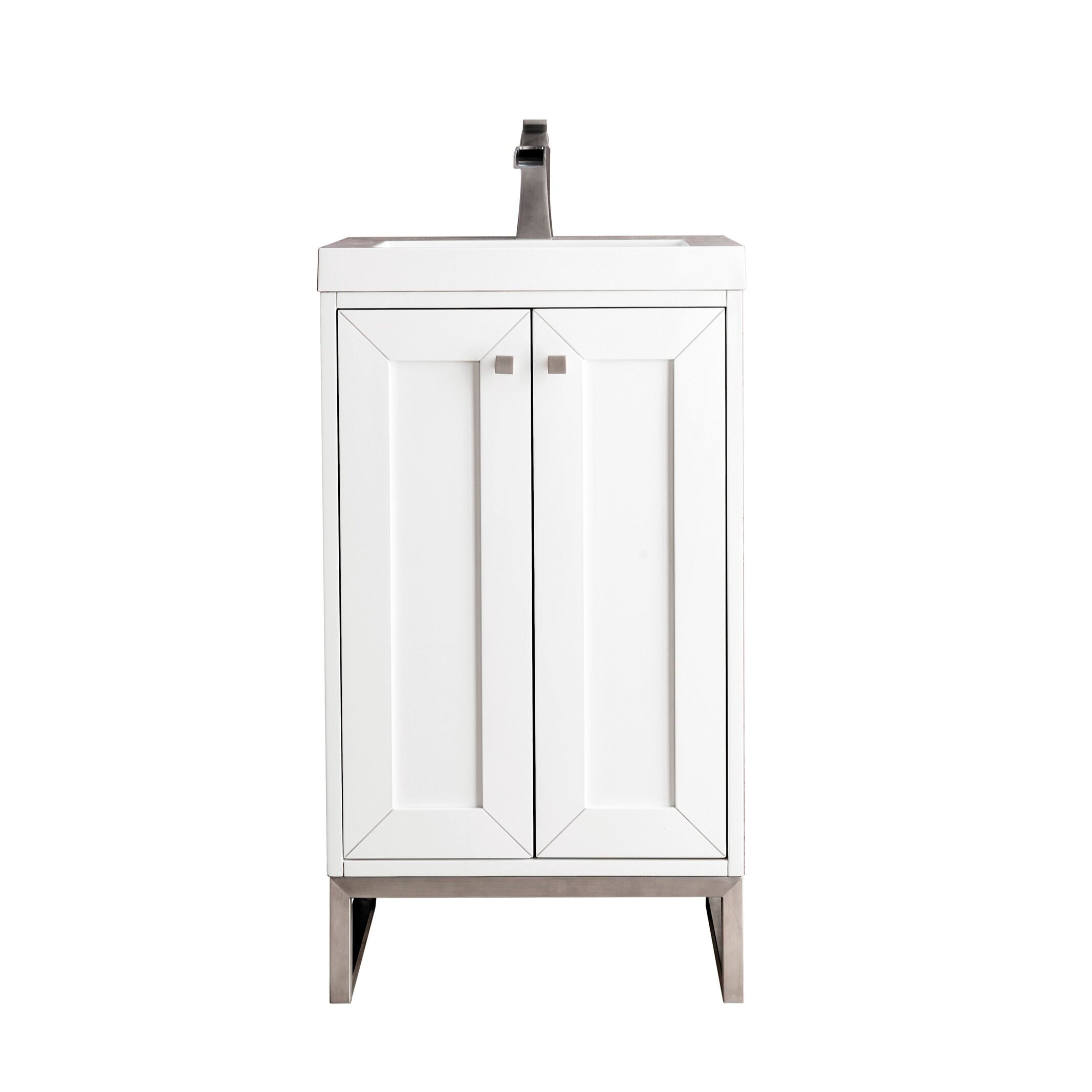 Modern freestanding single-sink bathroom vanity in white solid wood with a stone top, integrated rectangular ceramic basin, brushed-nickel square knobs and metal legs, plus two paneled doors for concealed storage.