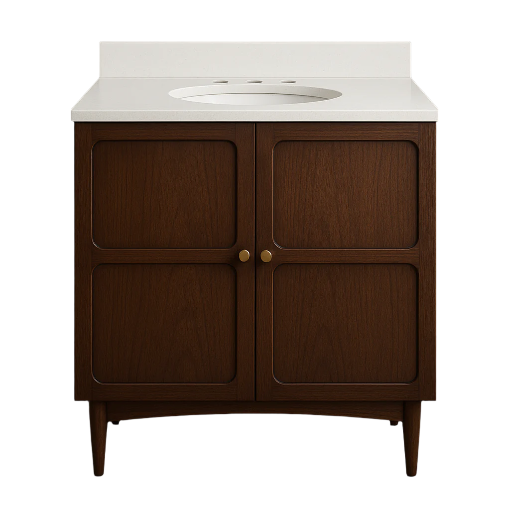 Freestanding 30-inch coastal solid wood vanity in dark brown with a white stone countertop and oval integrated sink, two recessed-panel doors with brass knobs and tapered legs.