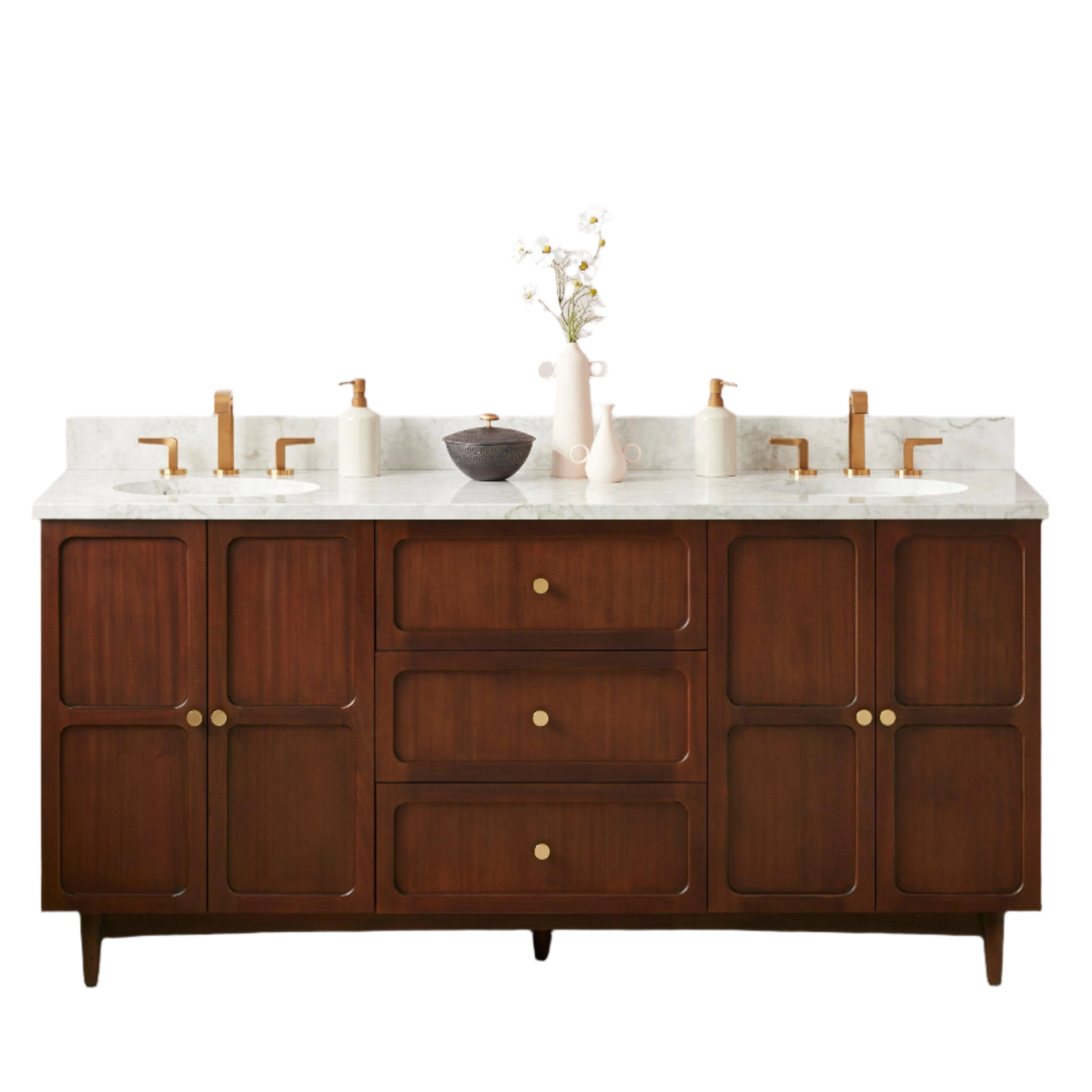 72-inch coastal double bathroom vanity in warm brown solid wood with Carrara marble top, two oval undermount sinks, gold widespread faucets and round brass knobs, three central drawers and four cabinet doors on tapered legs.
