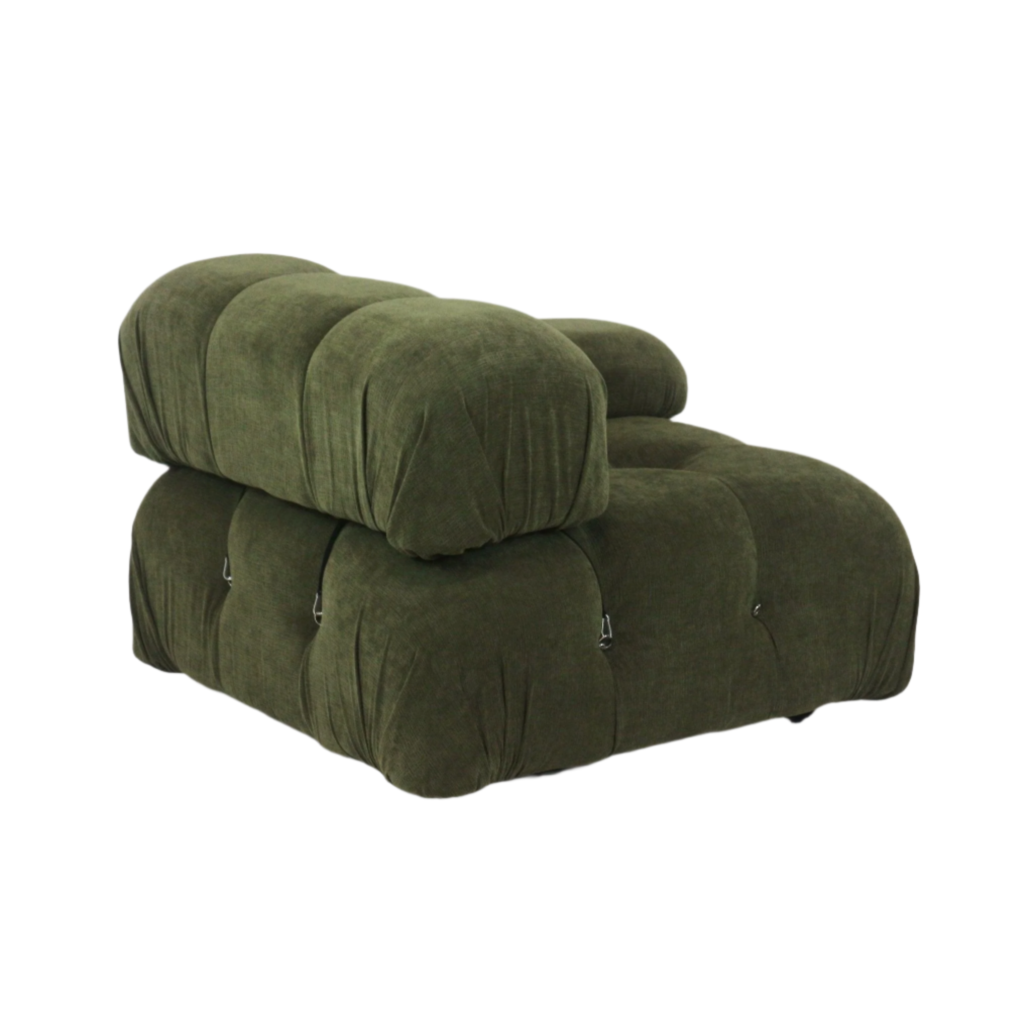 Olive green fabric modern sofa module with oversized rounded tufted cushions, low profile and gathered seams, shown isolated on a white background.