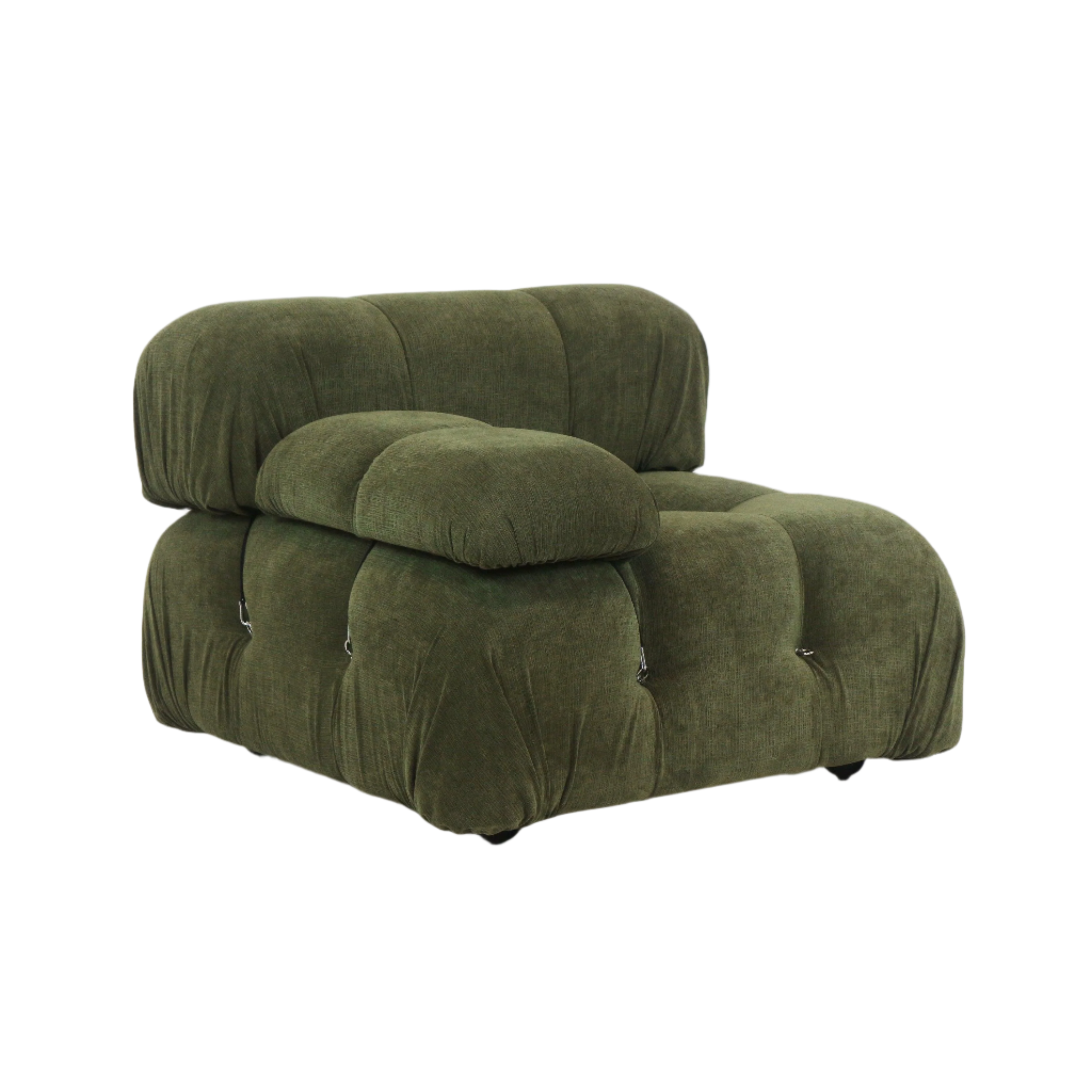 Low olive green fabric modular sofa chair with oversized tufted cushions and rounded, pillowy silhouette, featuring a plush padded armrest and visible tufting details for a modern living room.