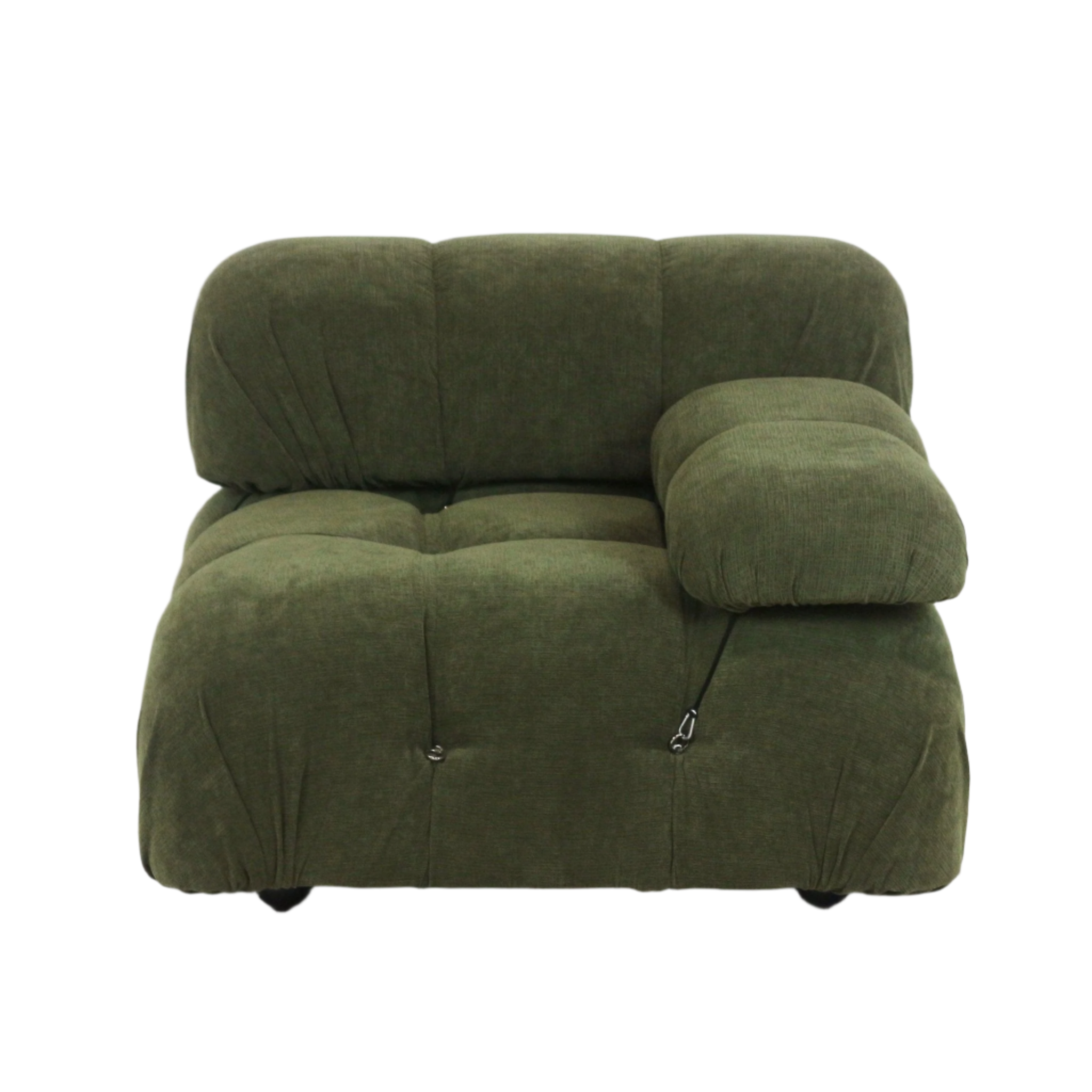 Olive green fabric sofa module with plush, rounded tufted cushions and a single padded armrest secured by a visible strap and metal clip, supported on low black legs.