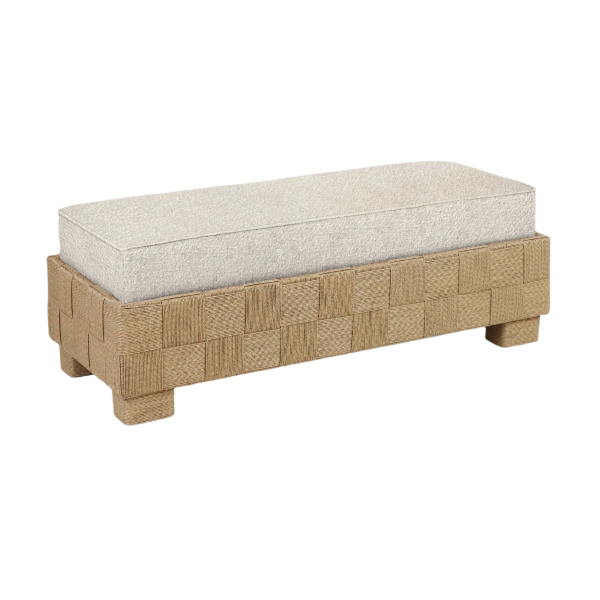 Rectangular modern bench with a cream boucle upholstered cushion on a woven natural seagrass base and short wrapped legs, styled for use as an end-of-bed or entryway bench.