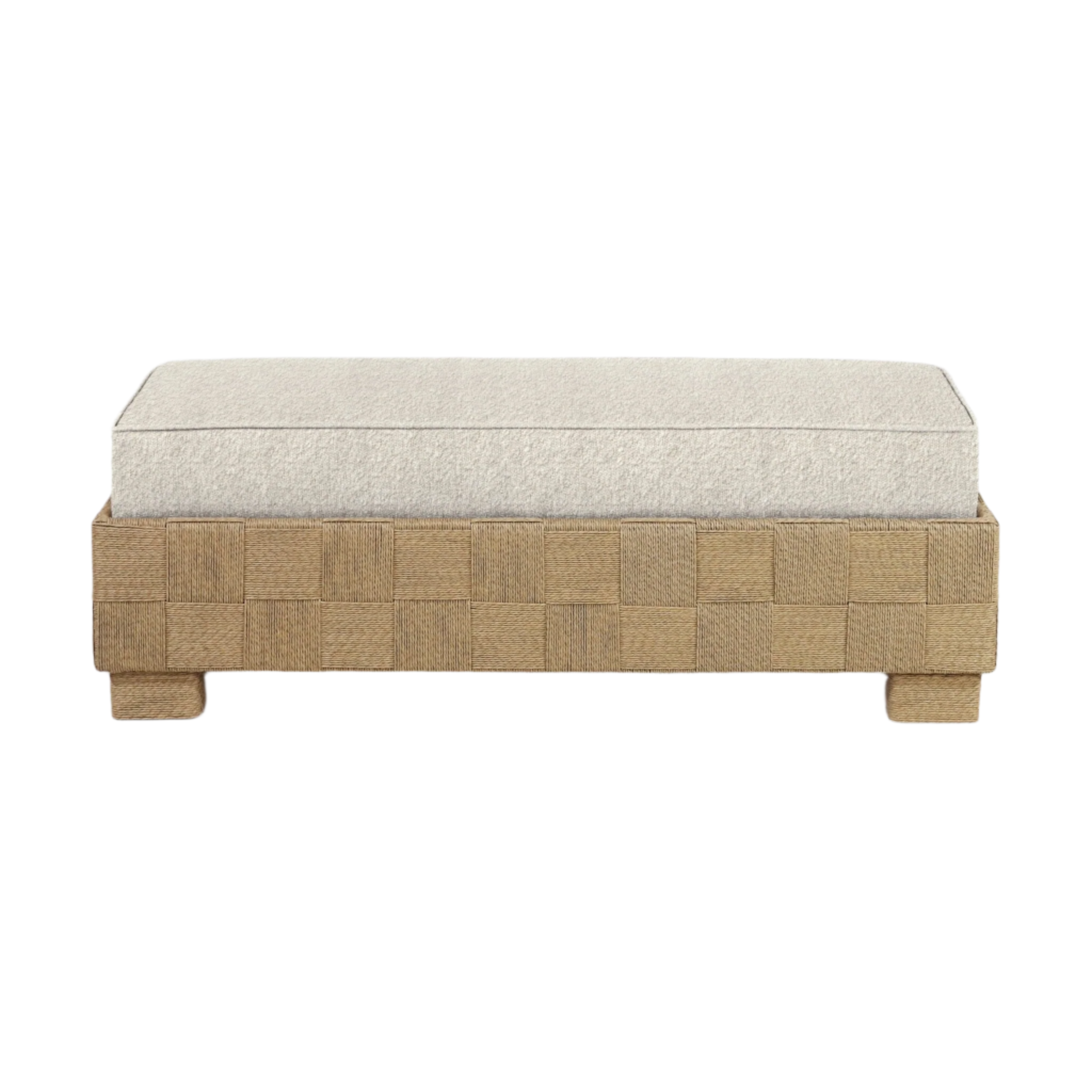 Cream boucle upholstered cushion atop a natural seagrass-woven wooden base with a checkerboard pattern and short block feet, shown as a low-profile modern end-of-bed bench.