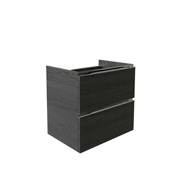 Freestanding modern solid wood 31.25-inch bathroom vanity base in stone finish with two soft-close drawers and integrated recessed handles, shown without countertop or sink.