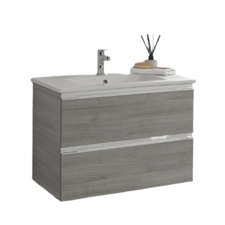 Modern floating single-sink bathroom vanity in stone-colored solid wood with a white stone top and integrated ceramic sink, chrome faucet, and horizontal chrome handle accents.