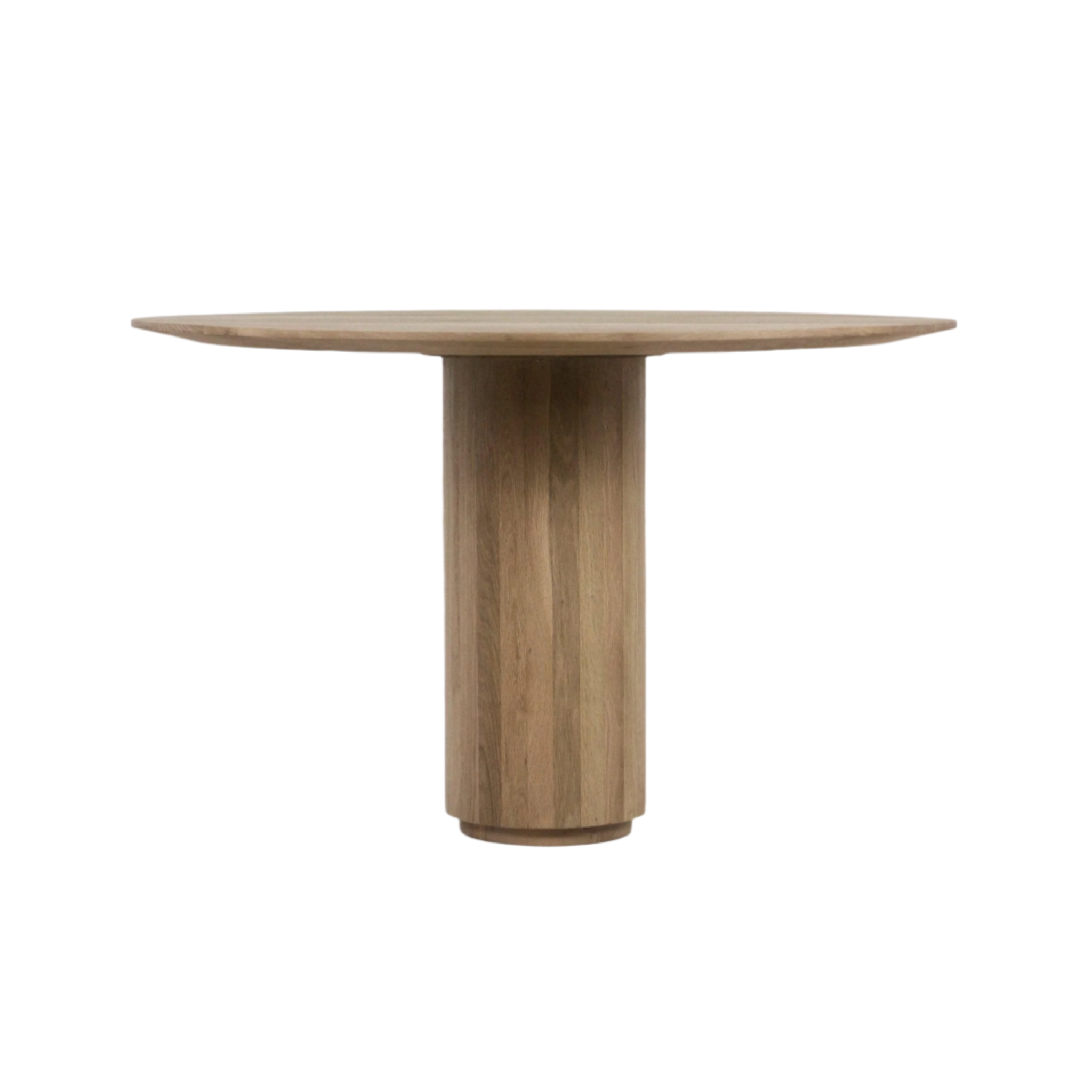 Round dining table in natural teak finish with a cylindrical pedestal base and slim solid-wood tabletop, styled in a mid-century modern aesthetic.
