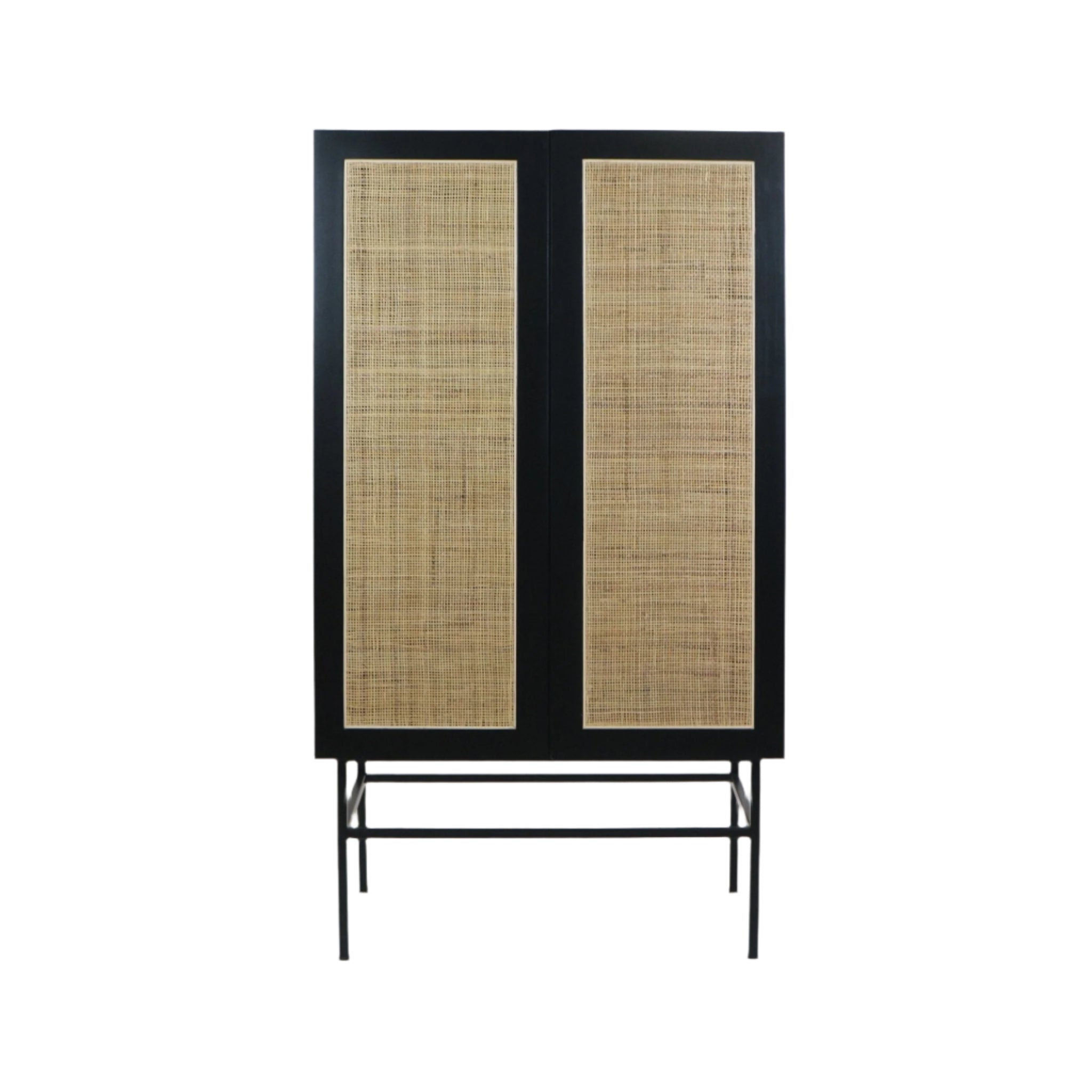 Tall modern wardrobe with a black wooden frame, twin natural cane rattan door panels and slim black metal legs, shown front-on against a white background.