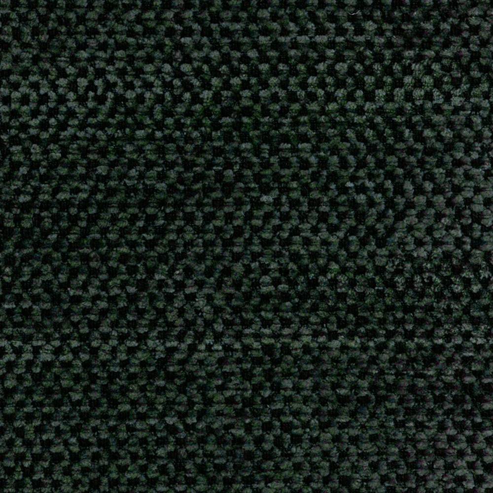 Close-up of deep forest green looped upholstery fabric for contemporary sofas and office seating, 8% linen, 9% rayon, 83% polyester contract-grade material with a dense textured weave.