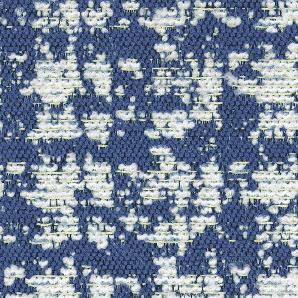 Close-up of blue and white woven upholstery fabric showing looped bouclé yarns and an irregular contemporary pattern, ideal for sofas; composition 41% viscose, 9% acrylic, 50% polyester.