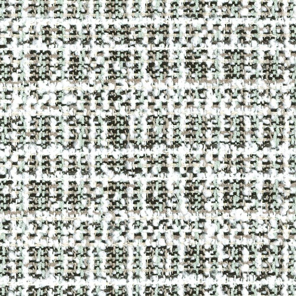 Close-up of neutral boucle upholstery fabric showing white, beige and pale green looped threads in a textured woven pattern; 14% acrylic, 12% viscose, 74% polyester sofa fabric.