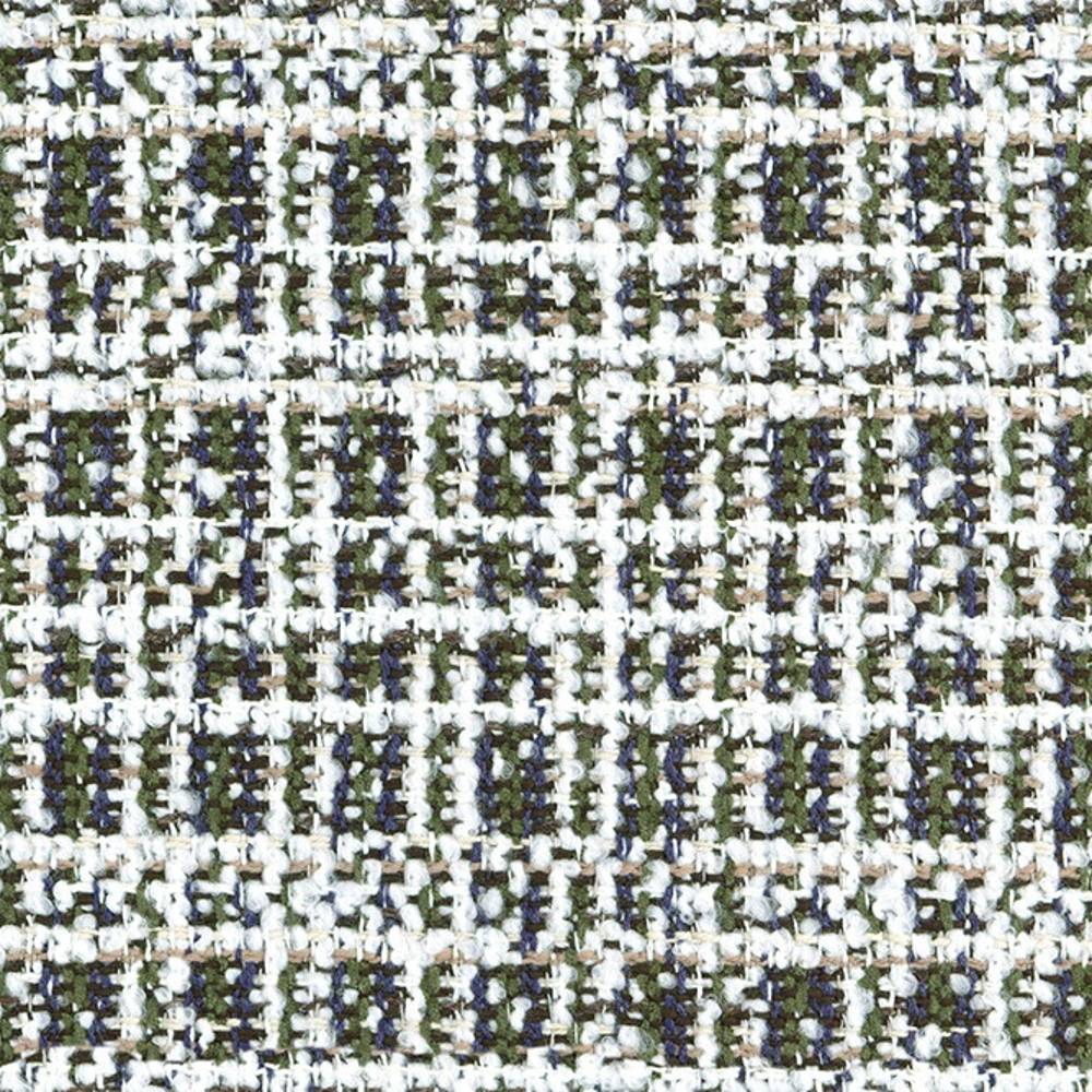 Close-up of boucle upholstery fabric with a white ground and woven olive, navy and tan flecks creating a small checked texture; 14% acrylic, 12% viscose, 74% polyester, for contemporary sofa use.