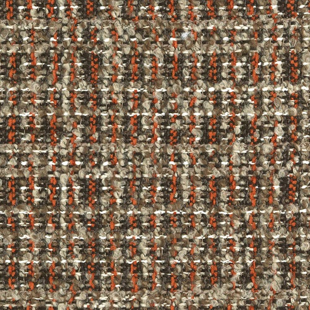 Close-up of brown boucle upholstery fabric with looped texture and woven orange, white and neutral yarn accents; contemporary sofa fabric composed of 14% acrylic, 12% viscose and 74% polyester.