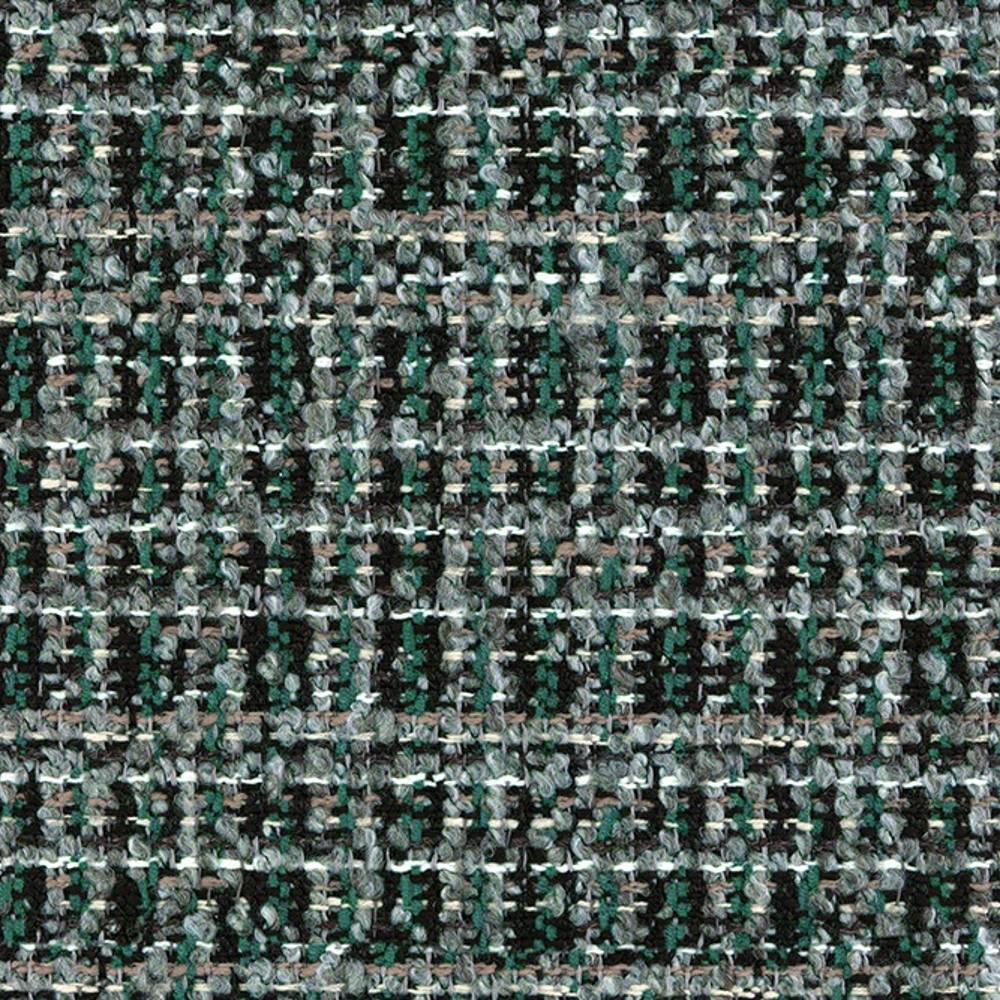 Close-up of green and gray boucle upholstery fabric showing a textured woven check pattern with flecks of black, white and tan; 14% acrylic, 12% viscose, 74% polyester for contemporary sofas.
