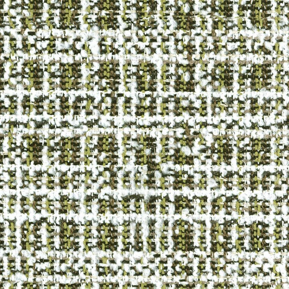 Close-up of olive-green and white boucle upholstery fabric in a 14% acrylic, 12% viscose, 74% polyester blend, showing textured looped yarns and a subtle grid-like weave suited for contemporary sofas.