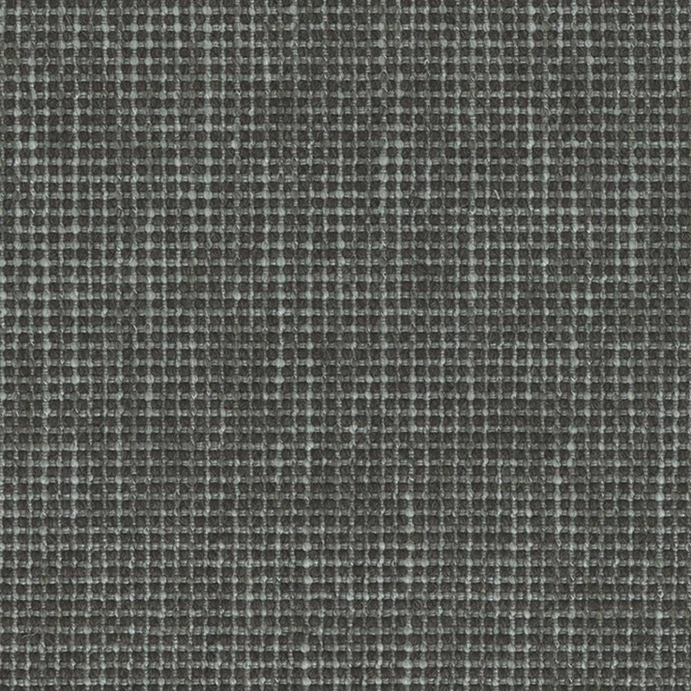 Close-up of charcoal-gray woven upholstery fabric showing a tight grid-like basketweave texture; fabric blend of wool, linen, viscose, acrylic and polyester for contemporary sofa use.