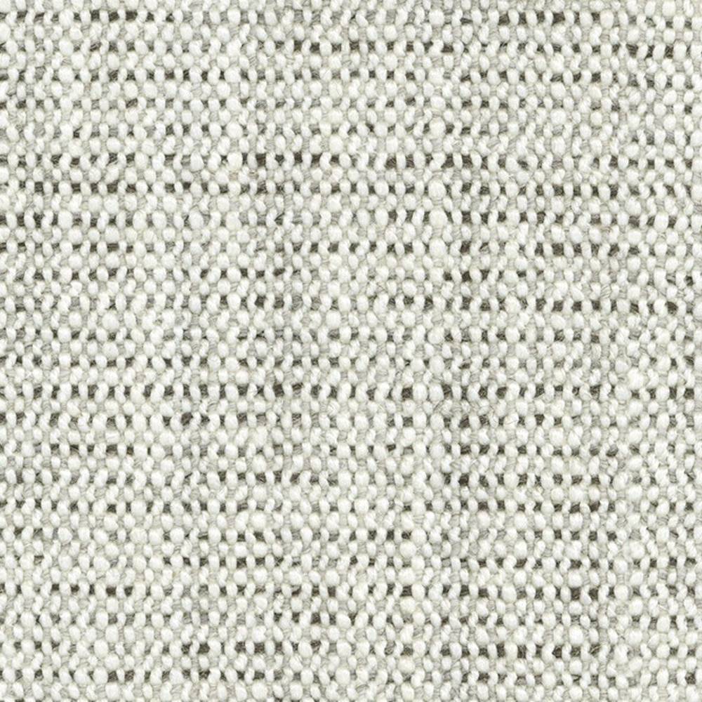 Close-up of neutral off-white woven upholstery fabric showing a small looped texture and subtle gray flecks; wool-blend composition (18% wool, 67% acrylic, 15% polyester) for sofa upholstery.