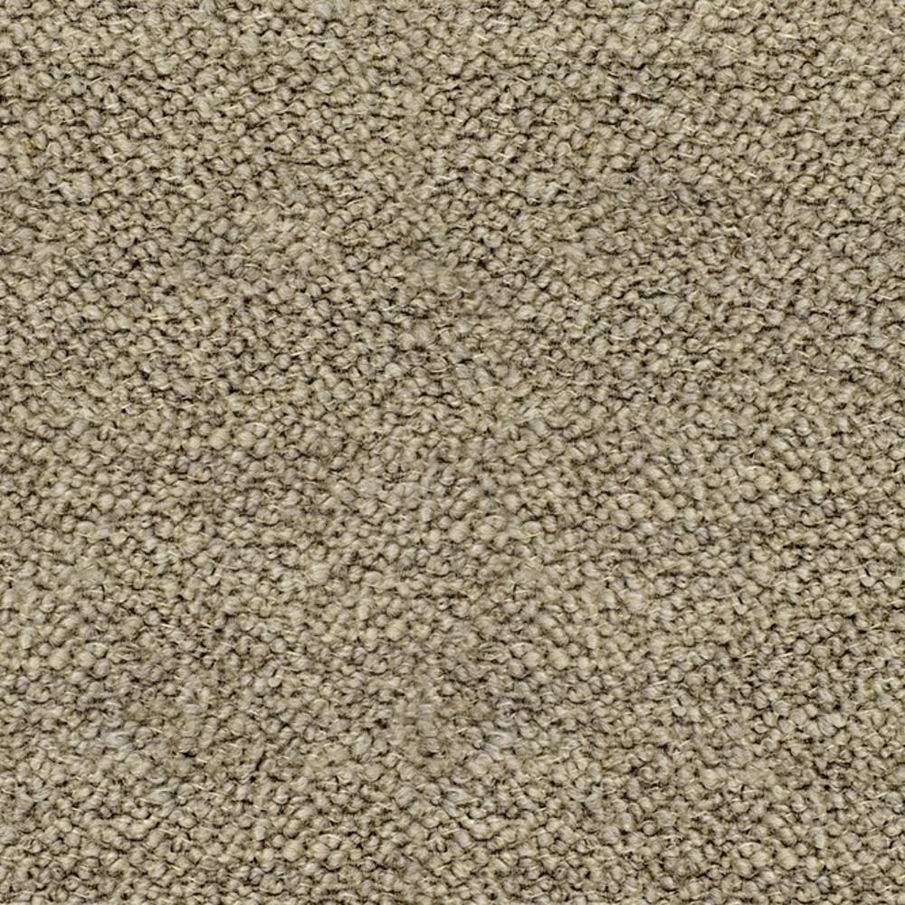 Close-up of beige boucle upholstery fabric showing dense nubby loop texture, a 12% wool, 25% acrylic and 63% triacetate blend suited for contemporary sofa upholstery.