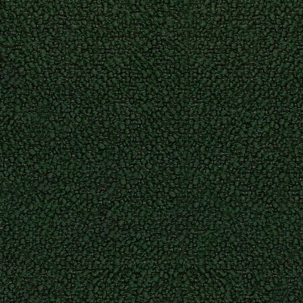 Close-up of dark green boucle upholstery fabric showing dense nubby texture, ideal for contemporary or modern sofas; 12% wool, 25% acrylic and 63% triacetate blend.