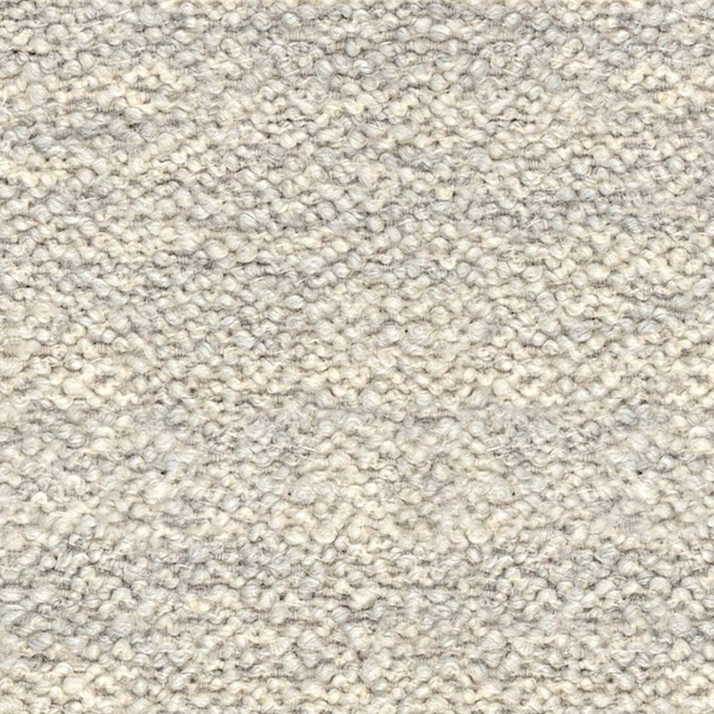 Close-up of neutral cream boucle upholstery fabric showing tight looped, nubby texture; wool-blend composition (12% wool, 25% acrylic, 63% triacetate) suitable for contemporary sofa upholstery.