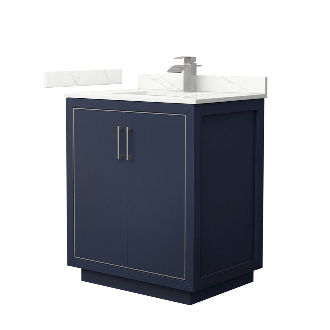 Freestanding 30-inch modern navy solid wood bathroom vanity with white stone countertop and low backsplash, integrated ceramic sink, square brushed-nickel faucet and matching bar handles on a two-door cabinet.