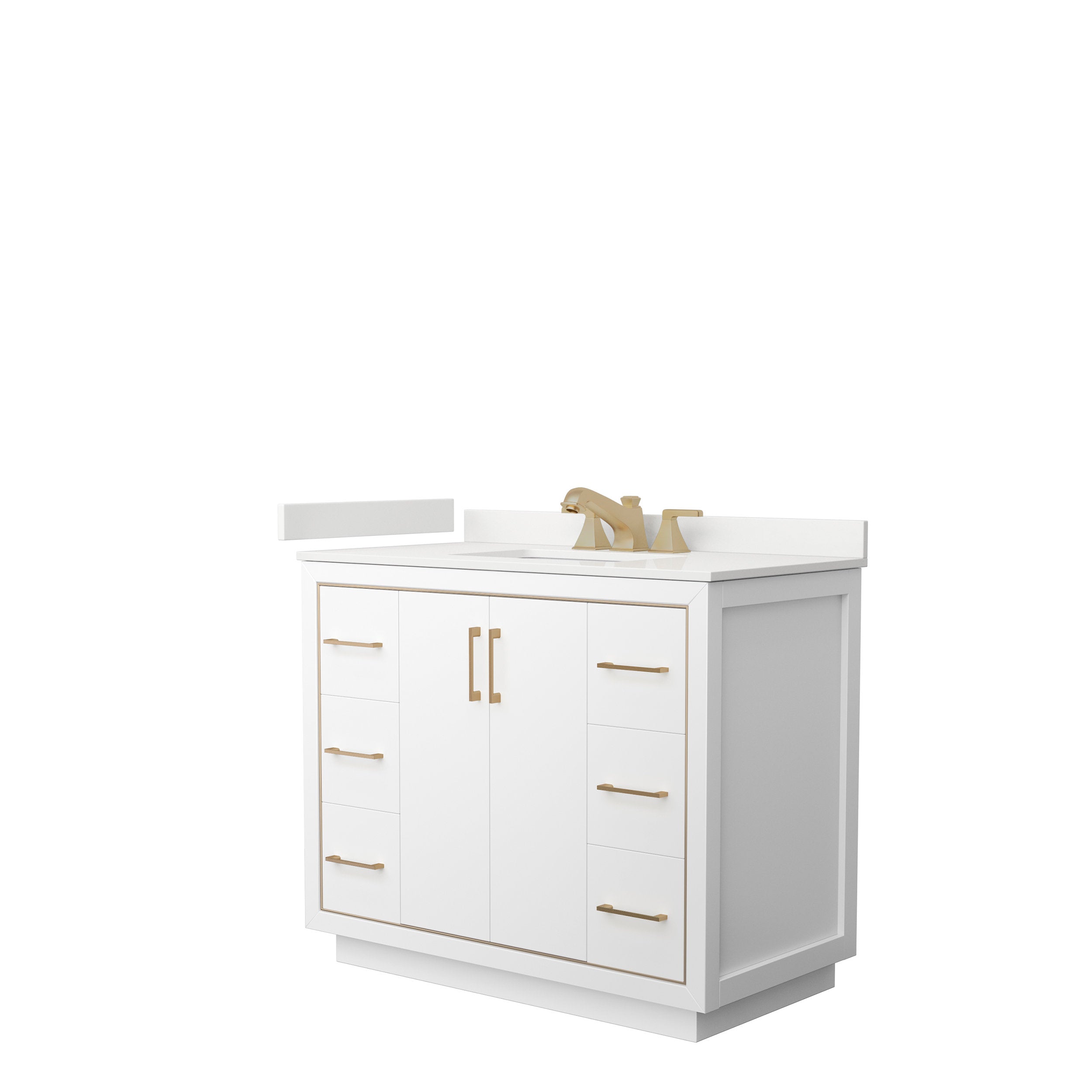 Freestanding 42-inch white solid wood bathroom vanity with a stone countertop and integrated rectangular sink, gold-tone faucet and matching gold drawer pulls, two center doors flanked by three drawers per side.