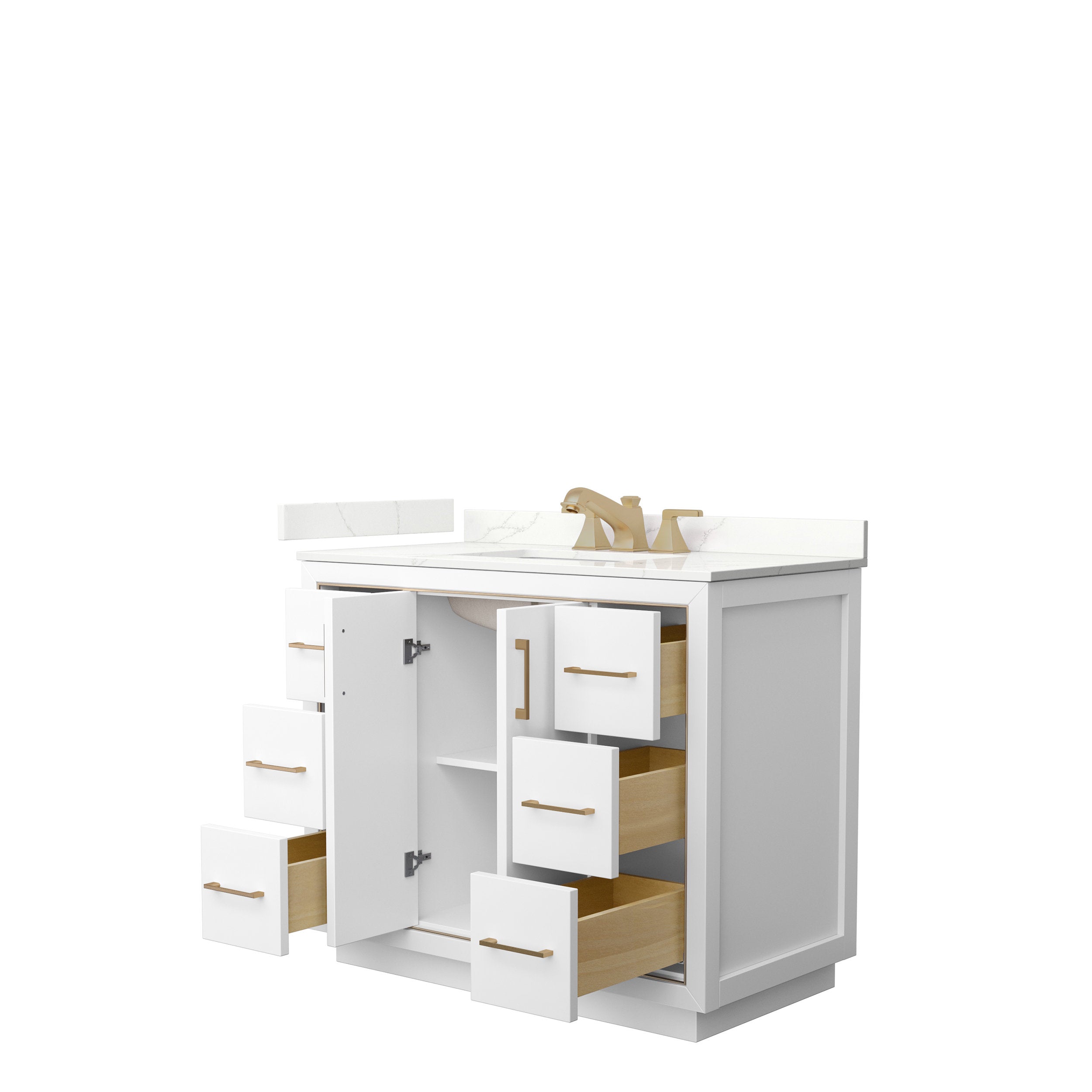 42-inch modern freestanding solid wood bathroom vanity in white with a stone countertop and single integrated sink, gold-tone faucet and hardware, multiple open drawers and a central cabinet showing wood interiors and a shelf.