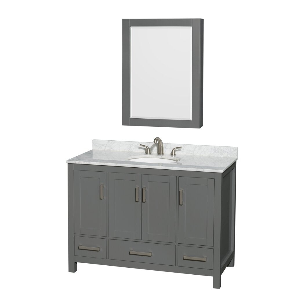 48-inch modern gray solid-wood vanity with white marble countertop and low marble backsplash, integrated ceramic undermount sink, brushed metal faucet and handles, and a matching gray framed mirrored medicine cabinet above.