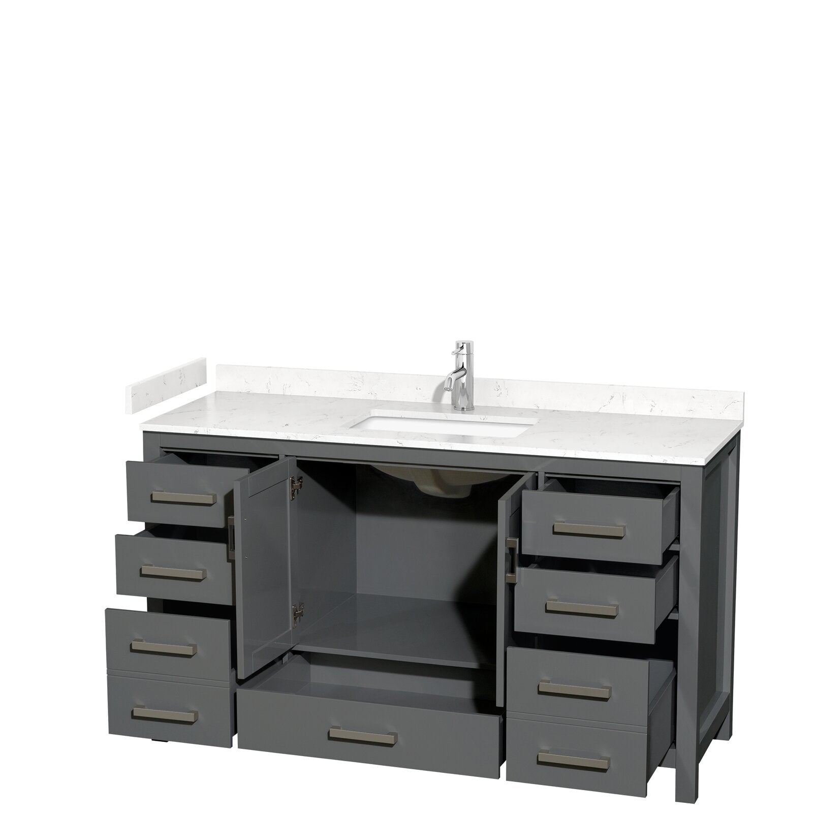 Freestanding modern gray wood bathroom vanity with white stone countertop and integrated single sink, chrome faucet, open center cabinet showing plumbing and shelf, and multiple drawers with brushed metal handles.