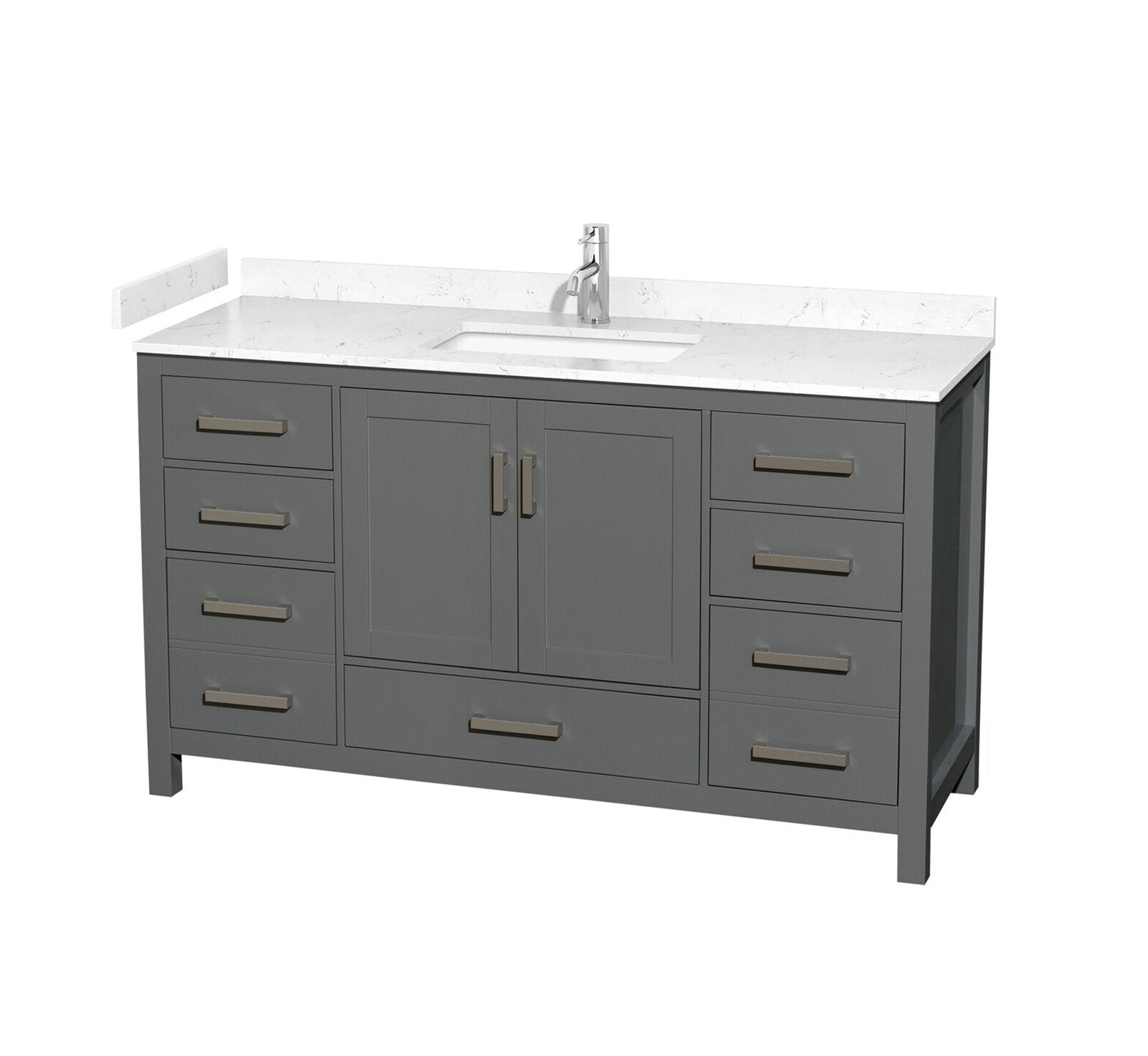 Modern 60-inch solid wood bathroom vanity in stone-gray finish with white stone countertop and integrated rectangular sink, single chrome faucet, two center cabinet doors and multiple drawers with brushed metal handles.