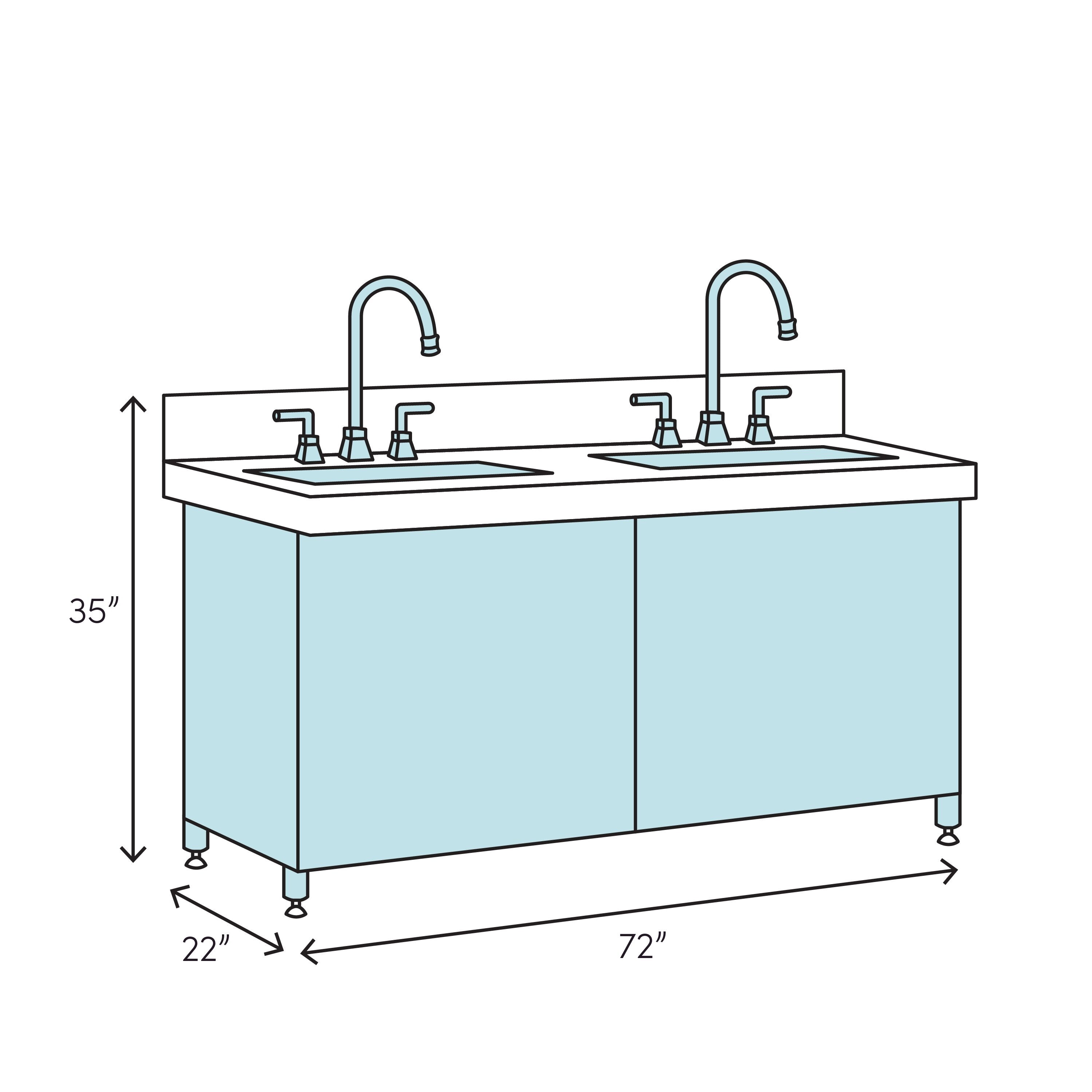 Diagram of a 72-inch modern solid wood double-sink bathroom vanity with a stone countertop and two faucets; freestanding light-stone cabinet on adjustable legs, labeled dimensions 72 in x 22 in x 35 in.